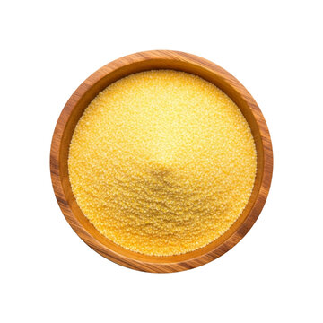 Medium yellow cornmeal in wooden bowl isolated on white background top view maize flour for baking and cooking
