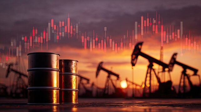 Oil barrels in front of pumpjacks with a falling stock chart