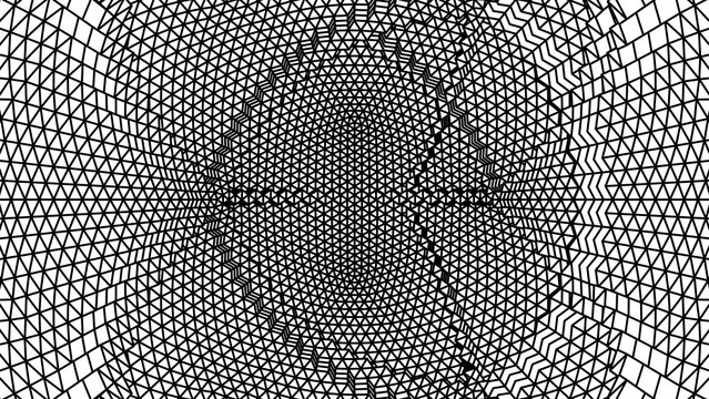 Abstract three dimensional warped grid tunnel surface with distorted geometric perspective in black and white line