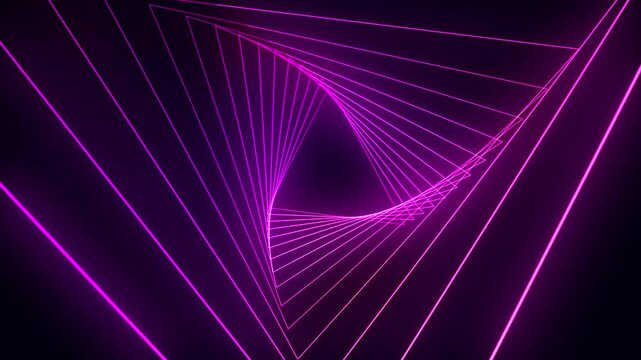 A neon geometric composition with rotating triangular lines creates an effect of endless movement and depth.