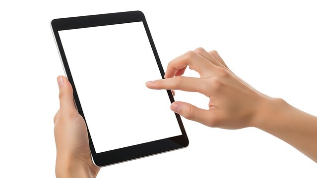 Hands holding digital tablet with blank white screen isolated on white background
