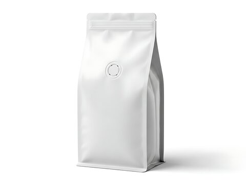 A white coffee bag with a circular logo on the front
