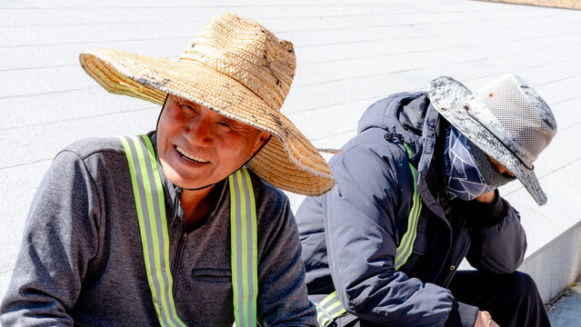 Workers paving street in Gyeongju, South Korea