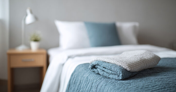Cozy bedroom with folded blankets on bed