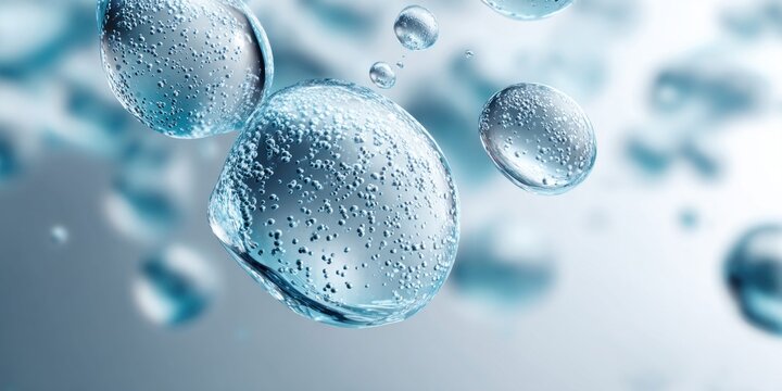 Macro view of translucent silicone gel spheres with tiny air bubbles suspended in liquid