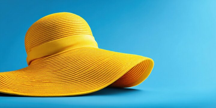 Bright yellow sun hat with wide brim casting a shadow on a vibrant blue background