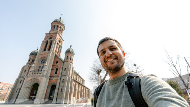 Tourist selfie at Jeondong Cathedral, Jeonju, Korea