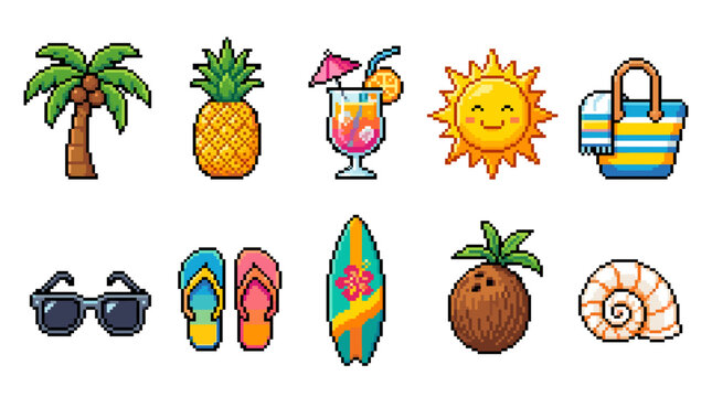 Set of pixel art summer vacation icons