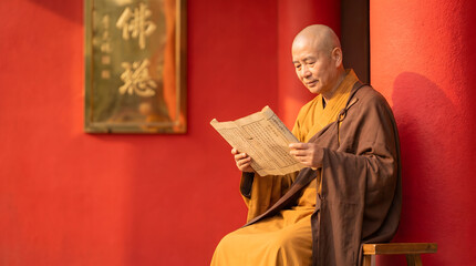 Fototapeta premium Senior Chinese Buddhist monk reading scripture, Red temple wall portrait, Peaceful spiritual study, Traditional monastic lifestyle