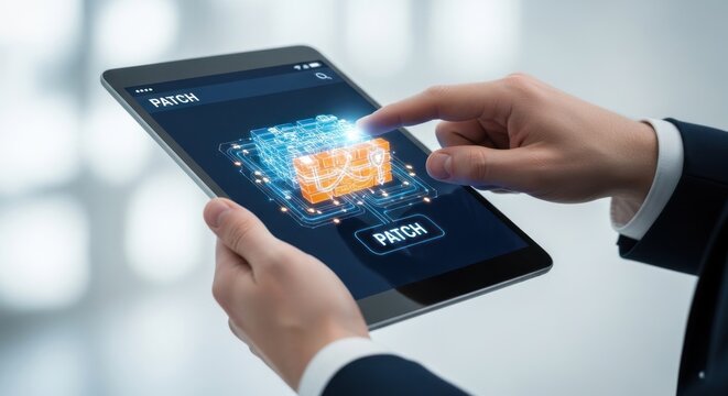 Businessman using digital tablet to apply software patch to virtual server, for cybersecurity, system maintenance, technical support, process digital optimization
