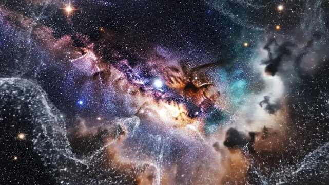 Mysterious and vibrant cosmic cloud formations illuminate the vast reaches of deep space with a mesmerizing play of starlight, nebulae, and galaxies, creating a breathtaking celestial panorama