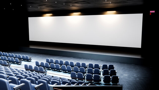 Empty modern cinema hall with large white screen