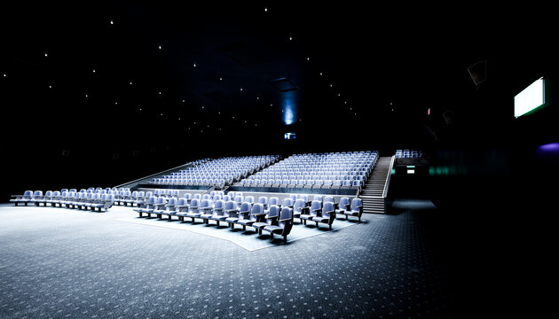 Empty cinema hall with rows of seats and dark ambiance