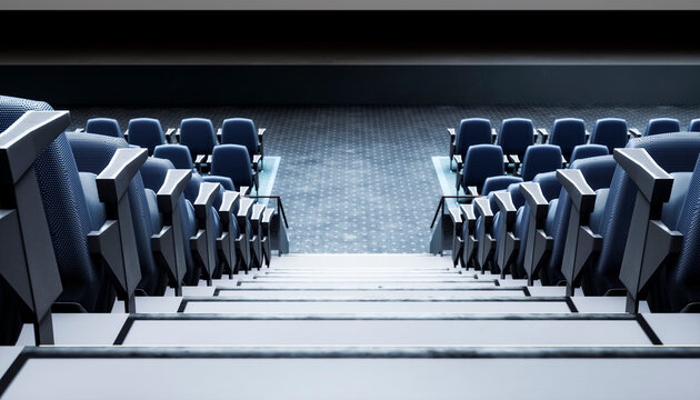 Empty movie theater with blue seats