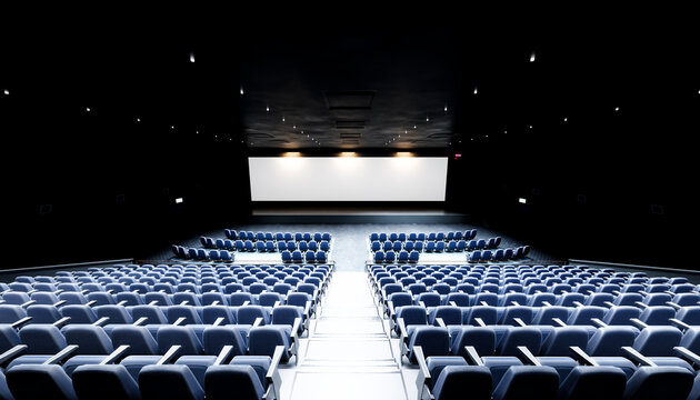 Modern movie theater with empty seats and large screen