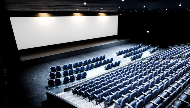 Empty movie theater interior with large movie screen
