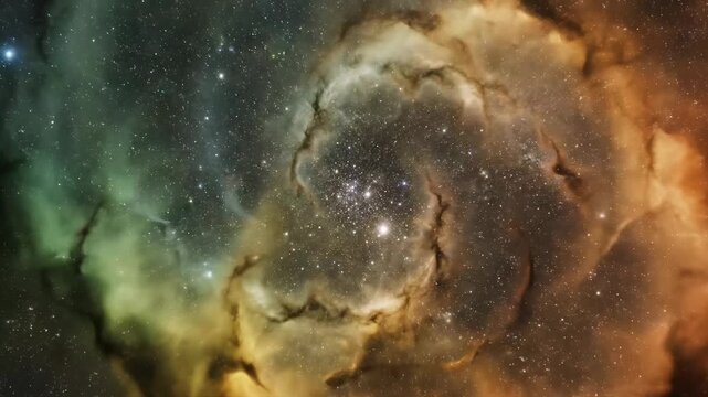 A spectacular, swirling nebula illuminated by distant stars displays a mesmerizing cosmic tapestry interwoven with vibrant hues of green, yellow, orange, and brown, evoking awe and wonder within