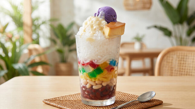 Traditional Filipino chilled Halo-Halo dessert in a tall glass with shaved ice, ube ice cream, sweet beans, and jellies. Refreshing summer food concept on a bright table.
