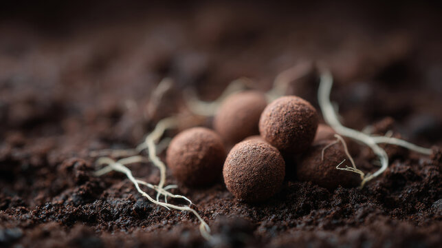 Close-up of brown soil balls with roots