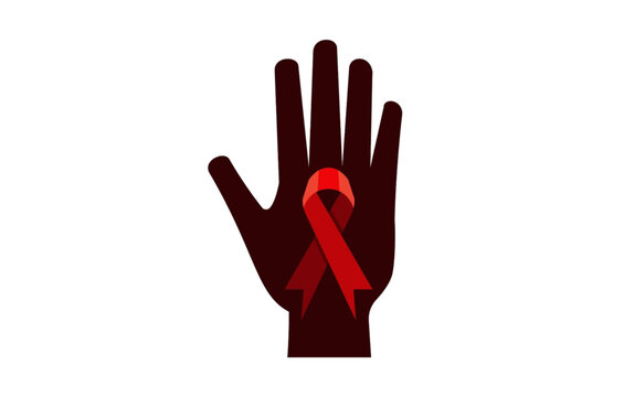 Awareness campaign symbol with a red ribbon on a dark hand against a white background for health and support concepts