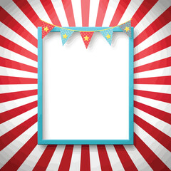 Fototapeta premium Festive carnival frame with radial red stripes blue border and colorful pennant flags surrounding blank white center for event design