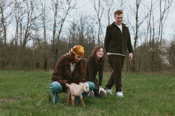 Obraz premium Three friends enjoy outdoor time with a playful goat kid in a grassy field, capturing a casual lifestyle moment with gentle animal interaction and warm friendship.
