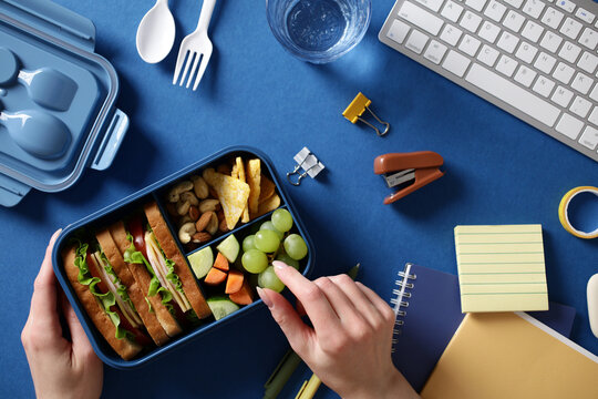 Modern blue bento box with a healthy balanced meal