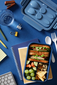 Blue bento box with healthy balanced meal