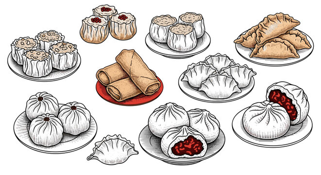 Assortment of Asian Dumplings and Spring Rolls Hand Drawn Illustration
