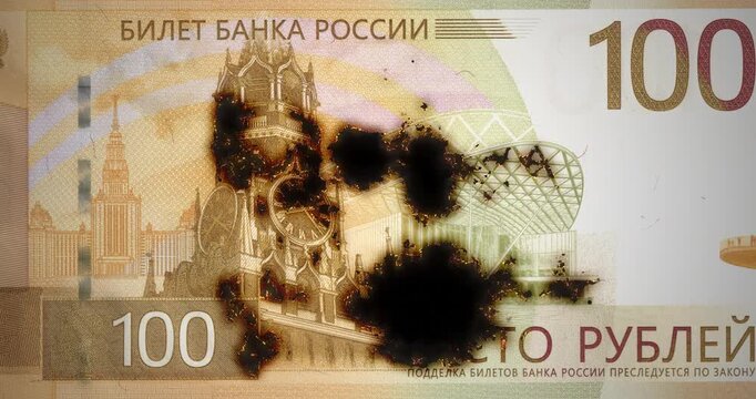 100 rubles banknote, Russian rouble with smoldering and slowly burning from the glowing edge, Russia paper money, burning ruble turning to ash, inflation, loop footage