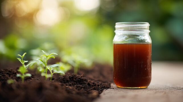 Jar of liquid fertilizer near young plants