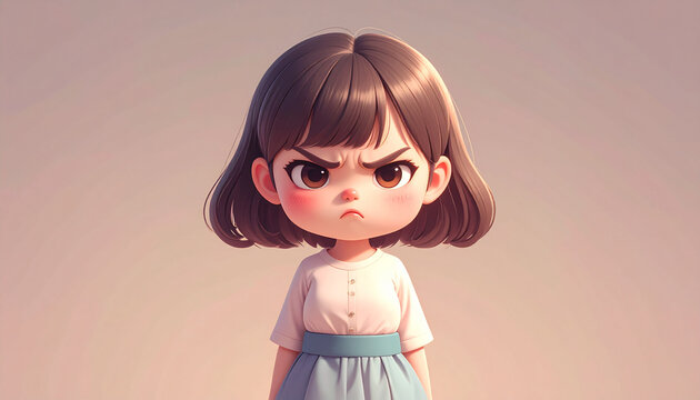 Cute Angry Little Girl Cartoon Portrait