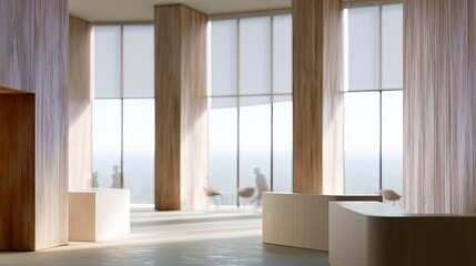 Fototapeta premium Airy interior with large windows, soft light, and minimalist furniture