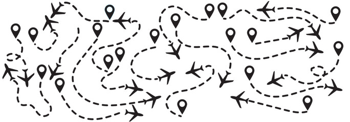 Collection of airplane icons and dotted flight path lines with colorful location pins representing global travel and various flight routes.  © KHOMA
