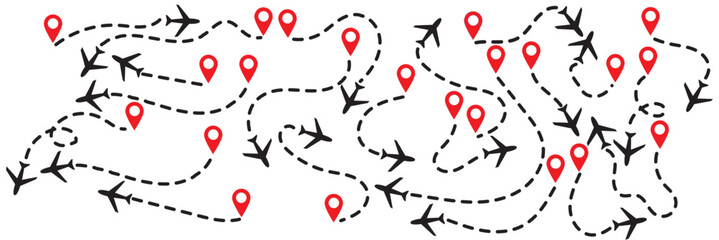 Airplane flight route set with dashed path lines and location pins, minimal outline vector illustration isolated on transparent background © KHOMA