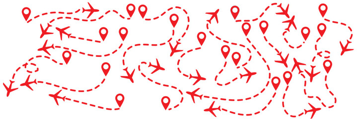 Airplane flight route set with dashed path lines and location pins, minimal outline vector illustration isolated on transparent background © KHOMA