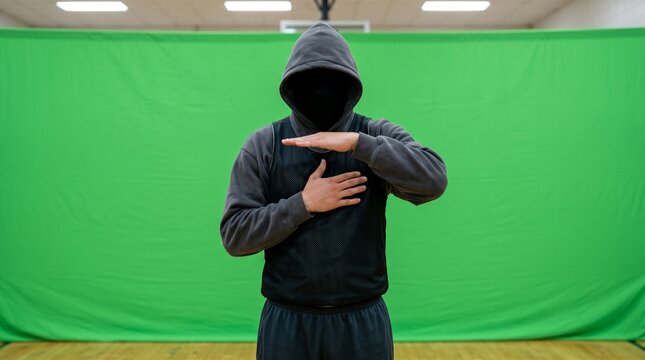 Person in hoodie making timeout gesture against green screen background