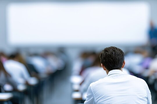 Focused student in a classroom, looking towards a blank presentation screen