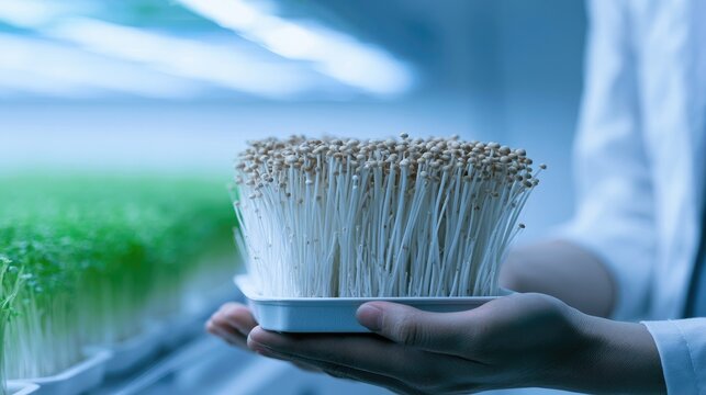 Close-up of delicate white enoki mushrooms being held in a tray in a lab