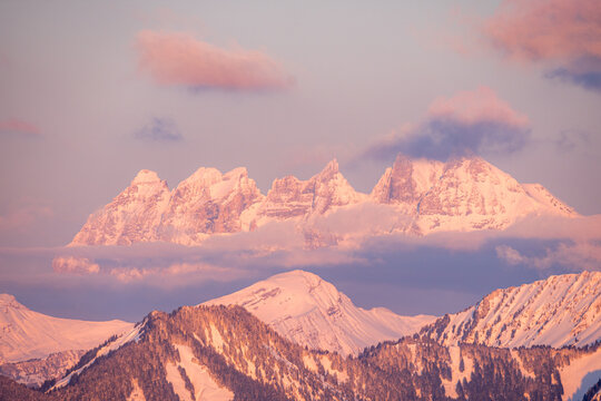 Dents du Midi at sunset during golden hour in the Alps