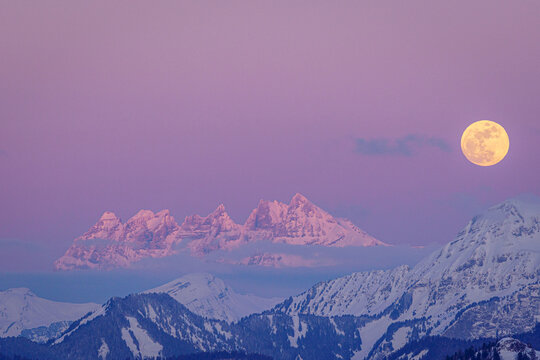 Dents du Midi at sunset during golden hour