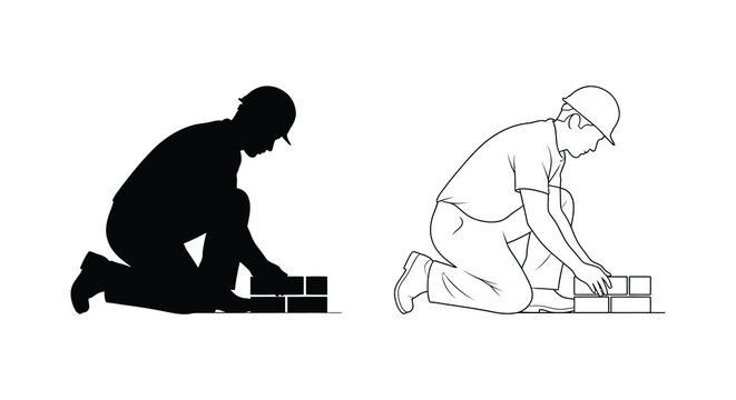 bricklayer working with bricks construction worker silhouette