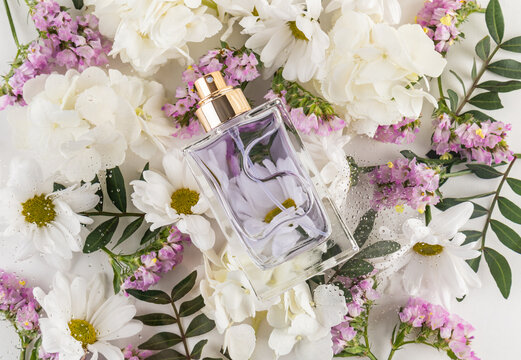 Perfume bottle with water drops on floral background