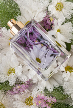 Perfume bottle on wet floral background with water drops