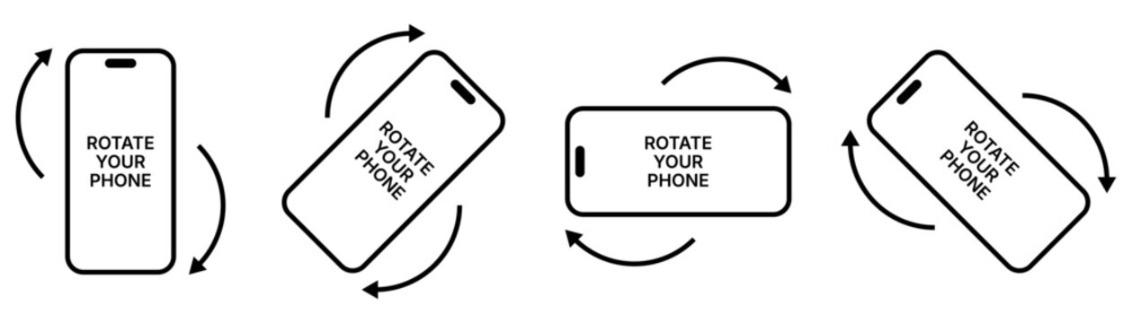 Rotate your phone icon set with smartphone orientation symbols, vertical and horizontal screen rotation illustration, mobile device instruction signs, simple black outline interface graphic collection