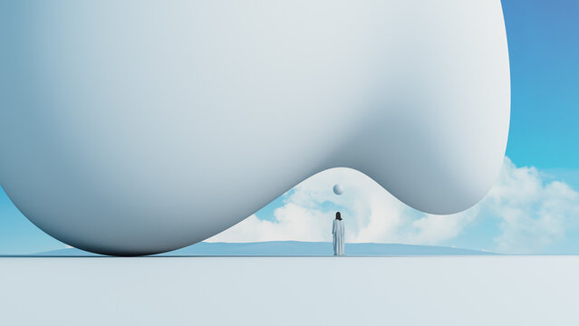 Minimal surreal figure stands under large abstract white structure