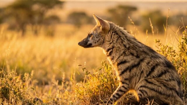 close up Aardwolf staying in his habitat at golden light blur background