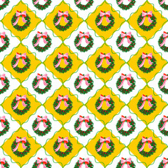 Vintage Style Christmas Wreath Repeat Pattern with Red Candy Cane Ribbon © Kirsten's Fine Print