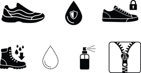 Footwear Protection and Waterproof Shoe Care Icon Set Featuring Sneakers, Boots, Water Resistance, Zippers, and Cleaning Spray Symbols © AKTAR