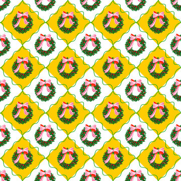 Vintage Style Christmas Wreath Repeat Pattern with Red Candy Cane Ribbon